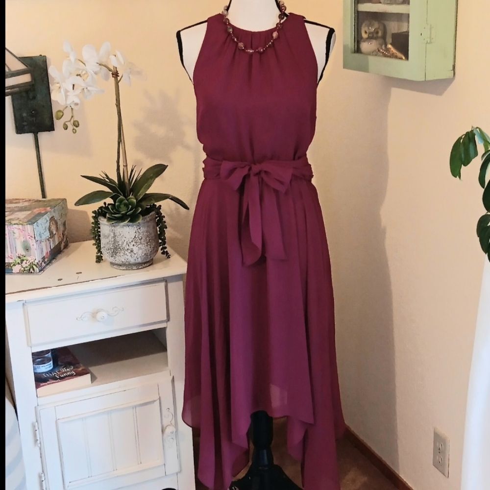 Plenty By Tracy Reese Maroon Sheer Evening Dress With Handkerchief Hem